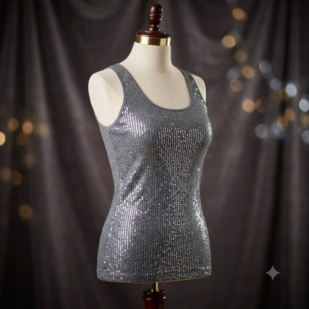 Express Women's XS Gray Ribbed Sequin Sparkle Tank Top Pima Cotton Blend